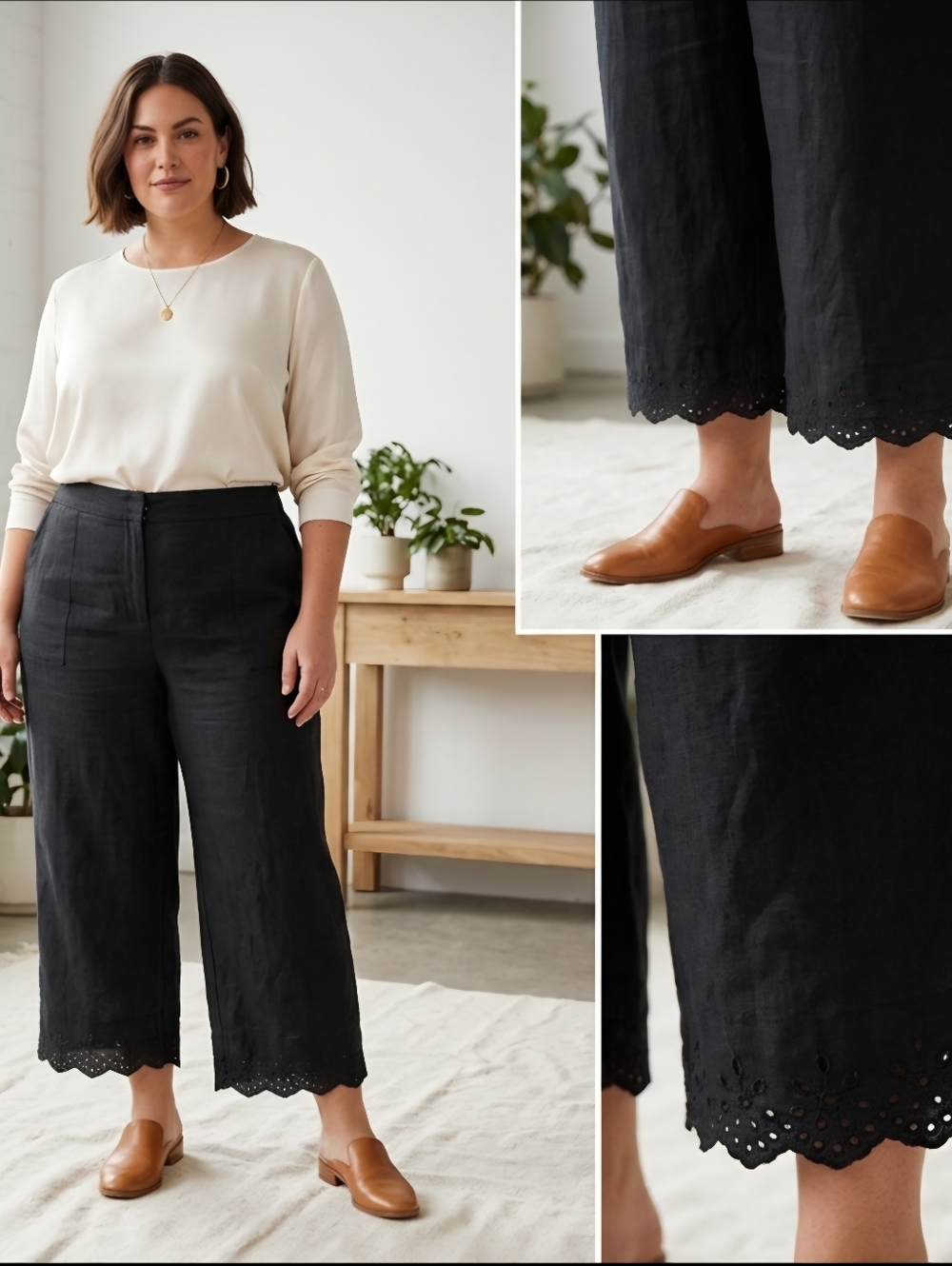 Laura Plus Sz 16 55% Linen Black Eyelet-Hem Wide Leg Crop Pants